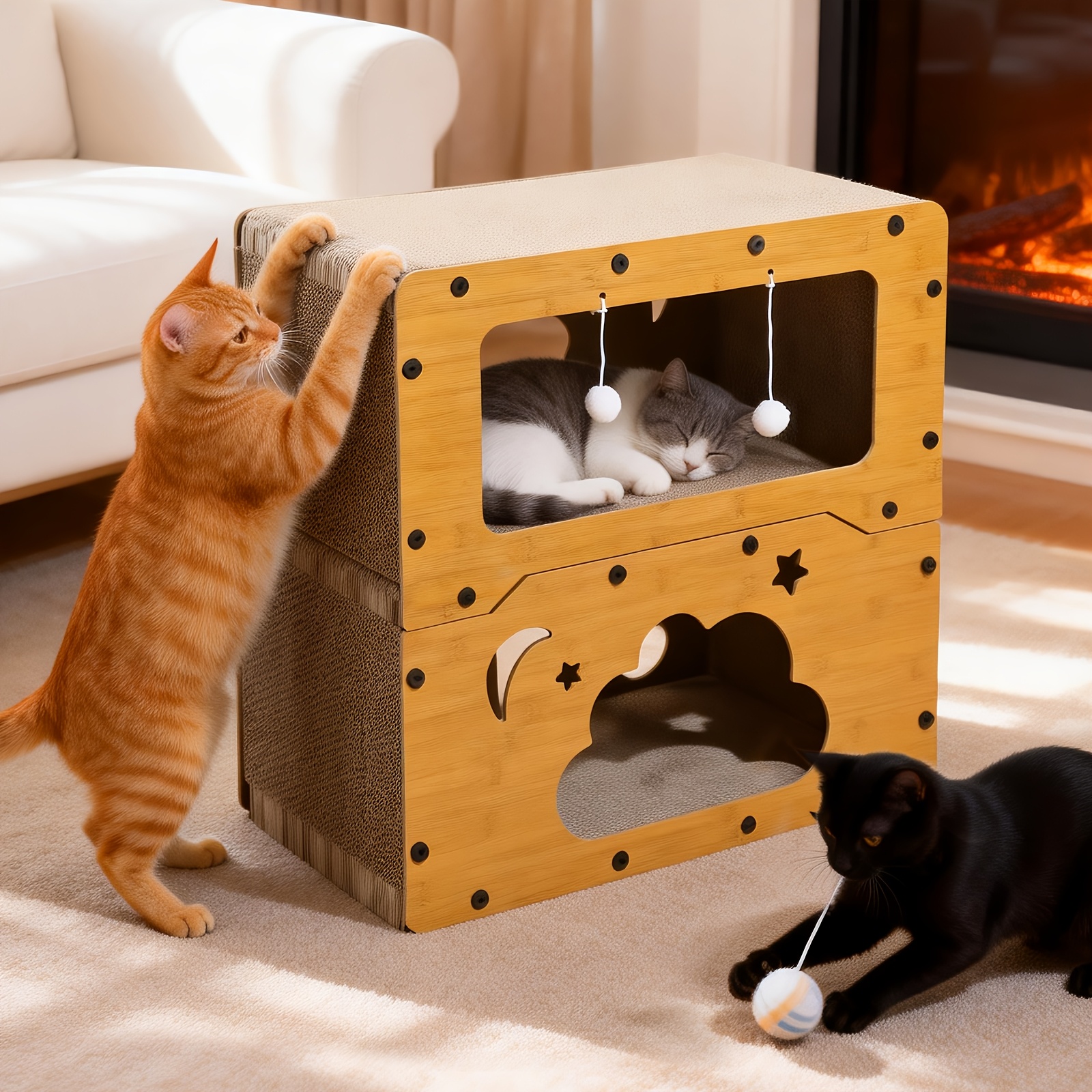 TEMU Tiragraffi a Forma di Nuvola con Casa per a in Legno - Mobili Multifunzionali per Graffiare, Riposare e Giocare - Casa per Arrampicata e Sonno
