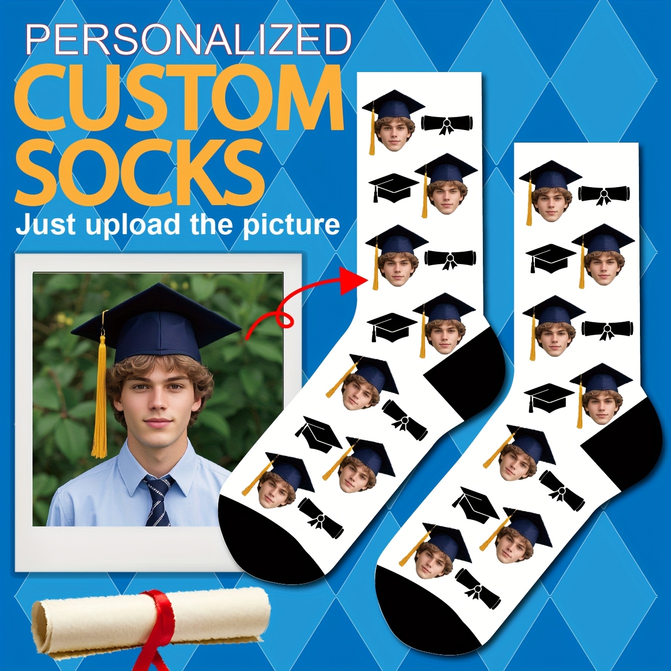 TEMU 1 Pair Men's Custom Photo Socks - Personalized Graduation Gift With Your Own Picture, Moisture-wicking Breathable Crew Socks, Trendy Daily Wear