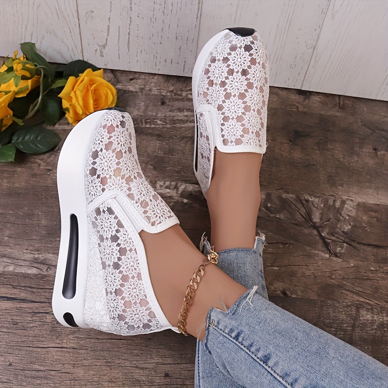 

Women's Breathable Mesh Casual Sneakers, Floral Lace Slip On Wedge Walking Shoes, Casual Elegant Shoes For Daily Wear
