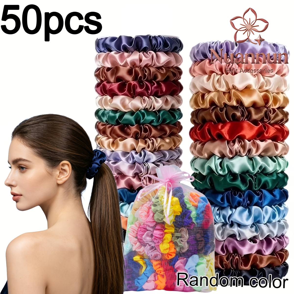 TEMU 50pcs (49pcs Random Colors Small Hair Ties And 1pc Gift Bag) Random Colors Small Hair Ties High And Low Ponytails Lazy Bun Headband And Storage