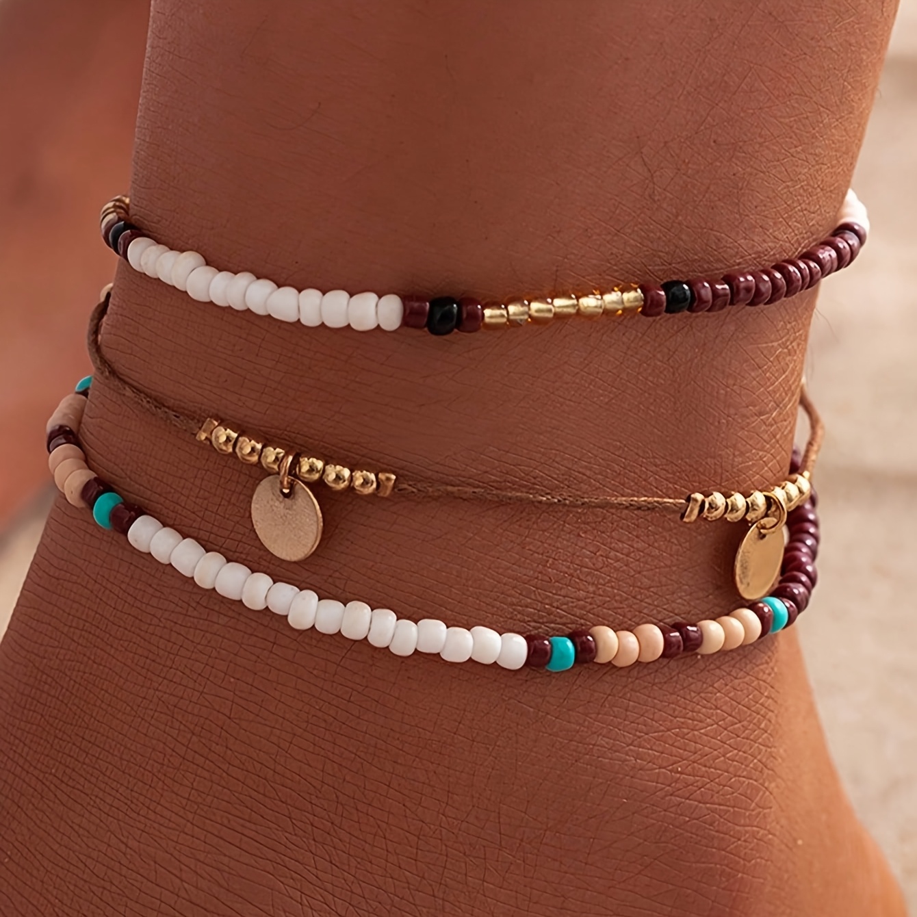 A Set Of 3 Bohemian Beaded Anklets, Summer Beach Style, Casual, Niche Exotic Anklet Set