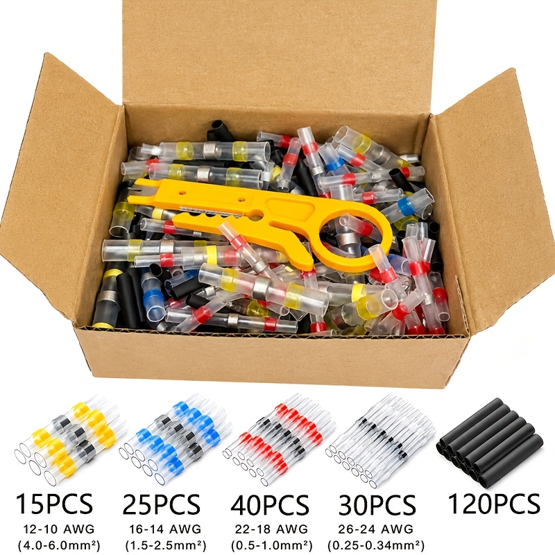 TEMU Lot de 230 pièces de bornes thermorétractables, gaines thermorétractables, tubes chauffants, 5 combinaisons de couleurs, 5 spécifications de