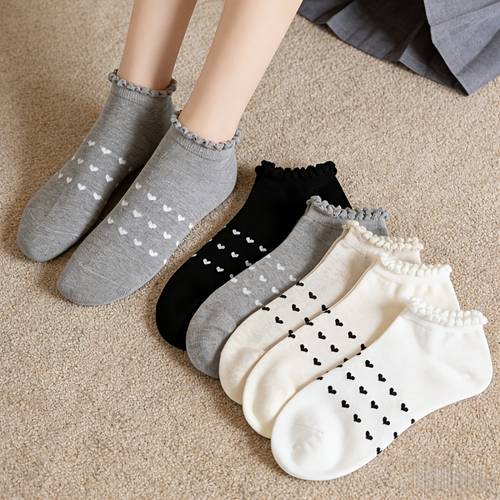 5 1 pairs random womens short socks featuring sweet heart patterns invisible socks soft and breathable socks essential for daily wear comfortable suitable for spring summer and autumn with an style