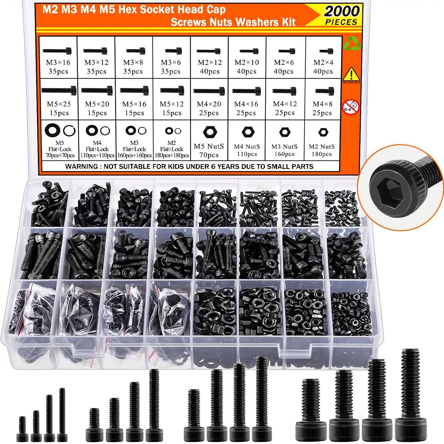 Image of 2000pcs Metric Screw Assortment, Bolts And Nuts Assortment Metric Machine Screw Assortment M2 M3 M4 M5, 12.9 Black Hex Socket Head Screws Nuts Bolts And Washers Set
