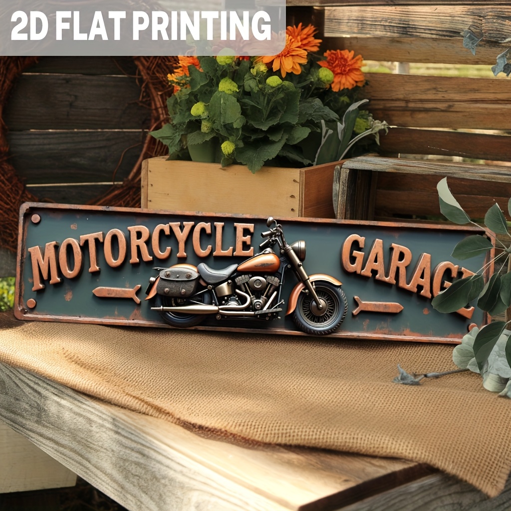 TEMU 2d Flat, 1pc Rustic Motorcycle Garage Metal Sign - Retro Motorbike Wall Art, Vintage Metal Wall Decor For Garage, For Man Cave, Bar, Workshop -