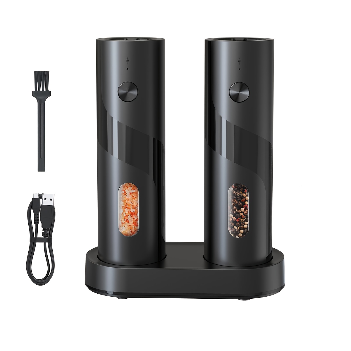 Image of 2pcs Electric Salt And Pepper Grinder Set, Usb Rechargeable Automatic Grinder With One-hand Operation, Large 110ml Capacity, Adjustable Coarseness, Ceramic Core And Led Light For Home Kitchen
