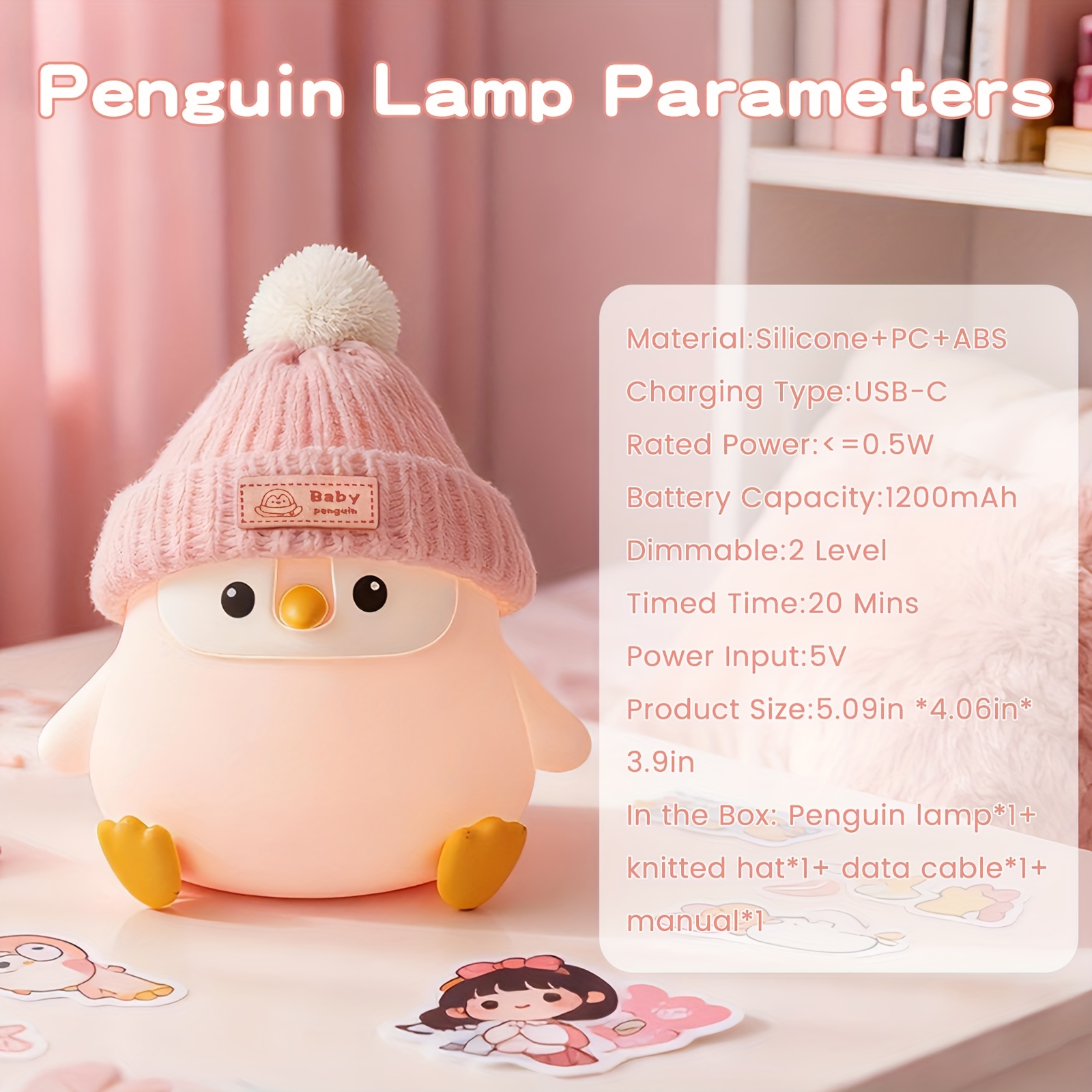 TEMU Veilleuse - Lampe LED en Silicone Souple avec Variateur et Minuterie, Rechargeable avec Bonnet Tricoté pour Chambre d'Enfant, , Basse Tension
