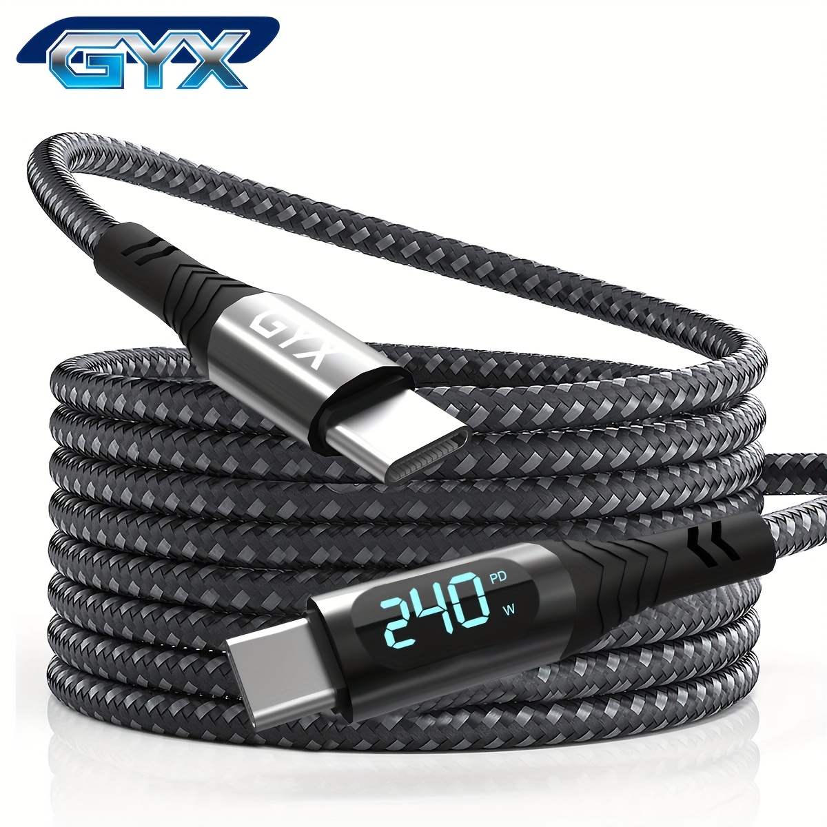 Gyx 240w Usb C To Usb C Transparent Cable With Led Display Compatible With 240w 66w Fast Charging For , Iphone 16/15/15pro/15promax,galaxy S23+/s23ultra/s22, Black