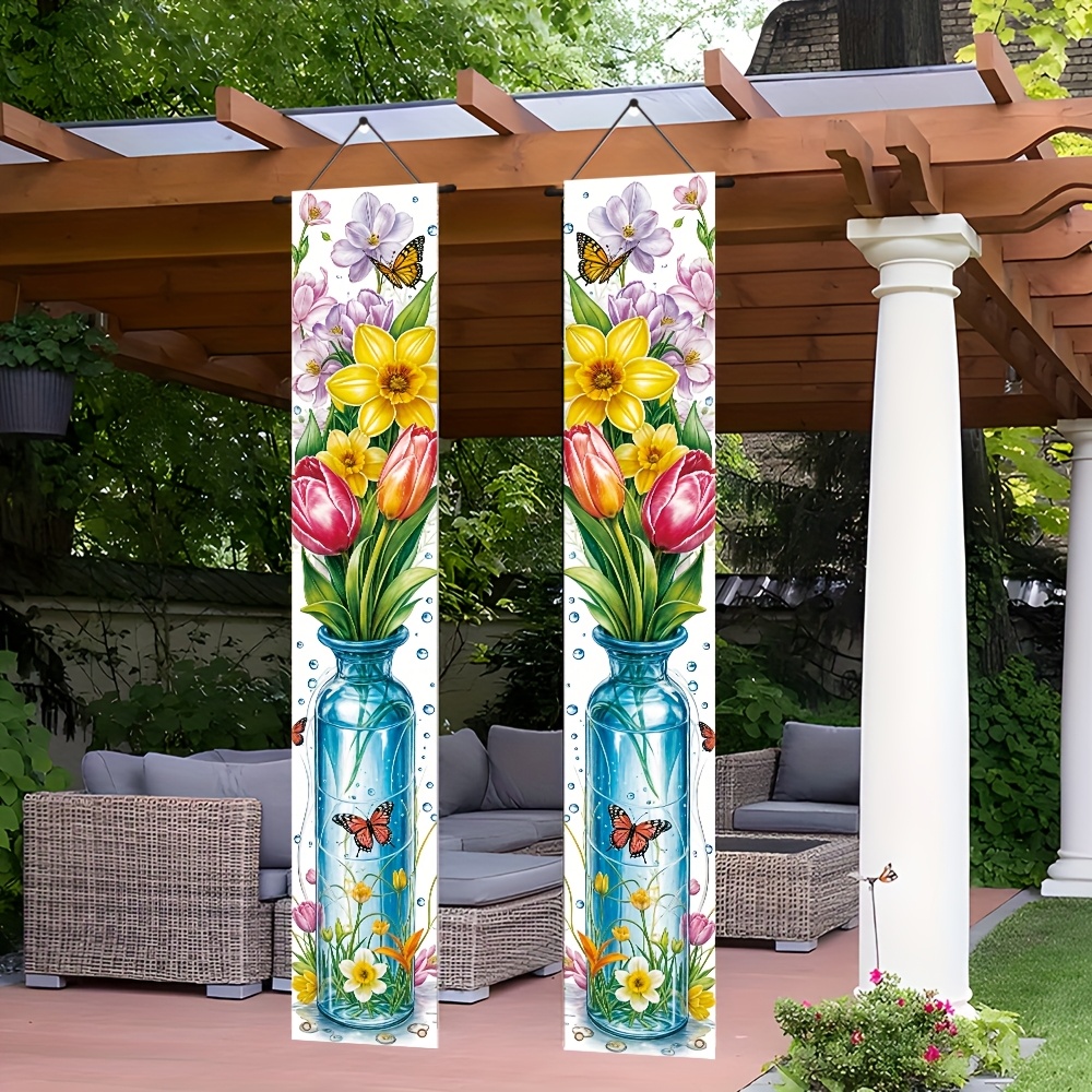 

1 Pair Of Vibrant Spring-themed Porch Banners - Polyester With Flowers, Butterflies & Vase Design - Ideal For Indoor/outdoor Doorway Celebrations & Home Wall Art Decor