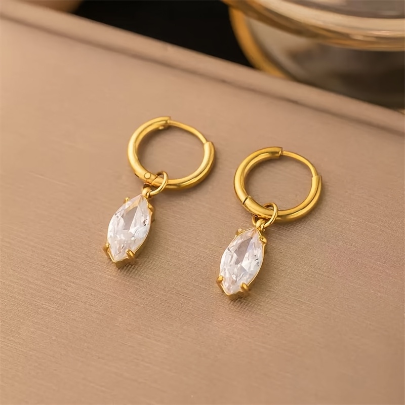 TEMU 1pc Stainless Steel Luxury Sparkling Synthetic Synthetic Zirconia Dangle Earrings Stylish Trendy Waterproof Golden Color Jewelry For Women