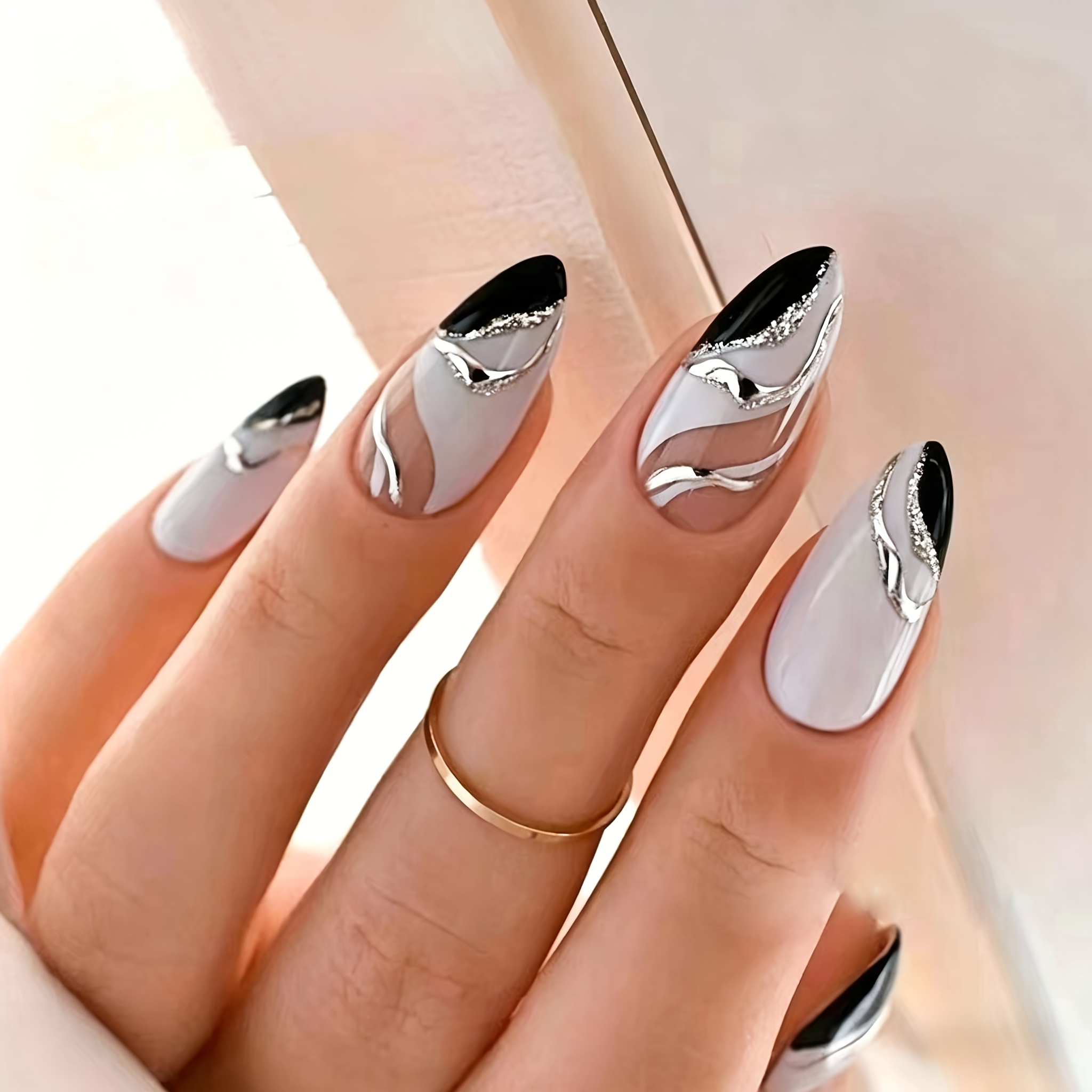 Image of 24pcs Black White Shape Press On Fake Nails Long Line Fake Nails Mother's Day Gift