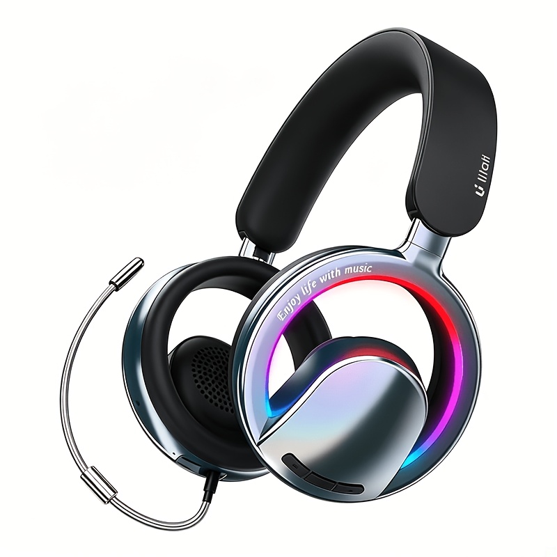 TEMU Wireless Open-ear Gaming Headset, Bluetooth 5.4, Rgb Lights, Detachable Enc Noise Canceling Mic, Stereo, Foldable Lightweight Headphones For &