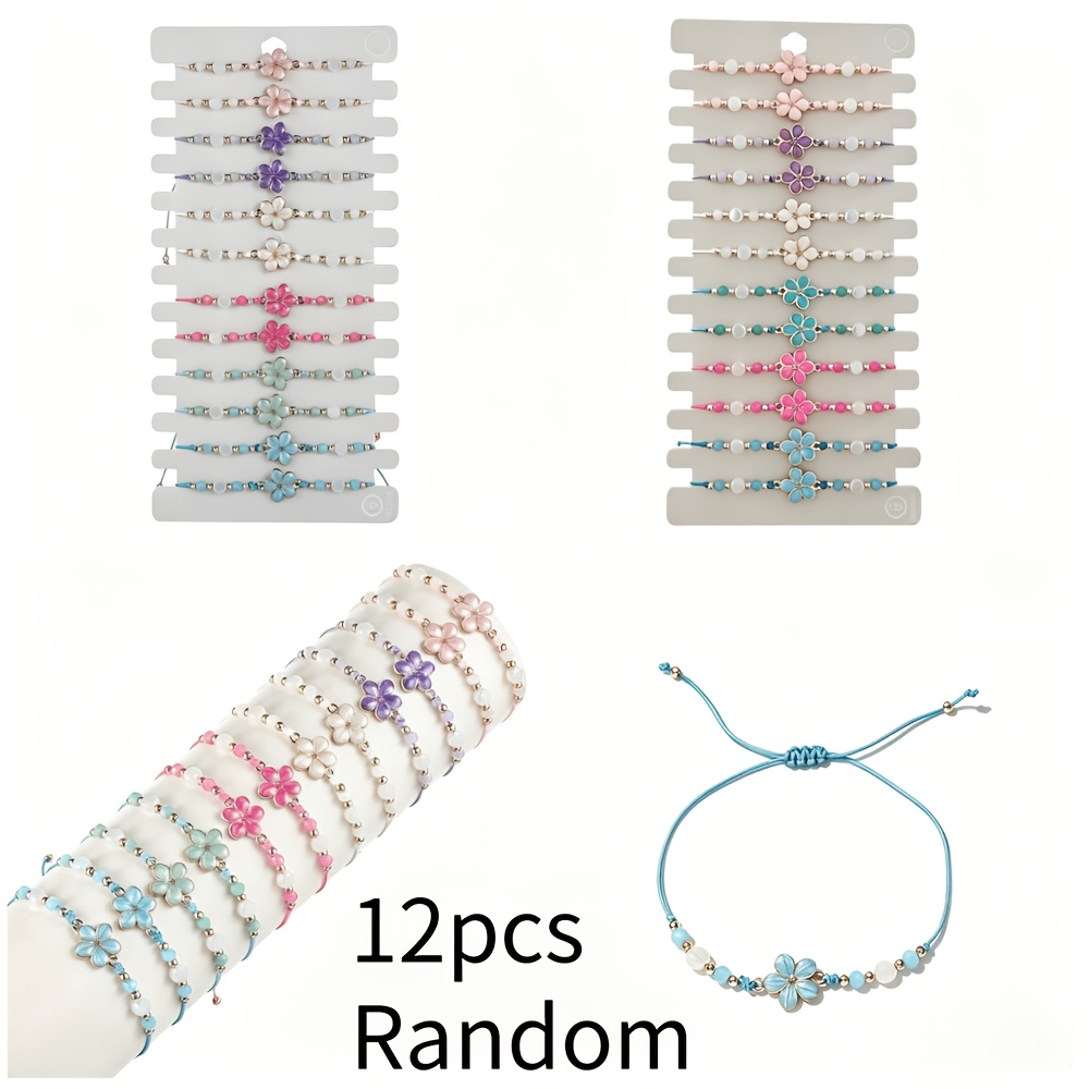 TEMU 12pcs Random Flower Charm Beaded Bracelet Set, Adjustable Braided Cord Multicolor Floral Bracelets, Sweet Boho Jewelry Gifts For Women