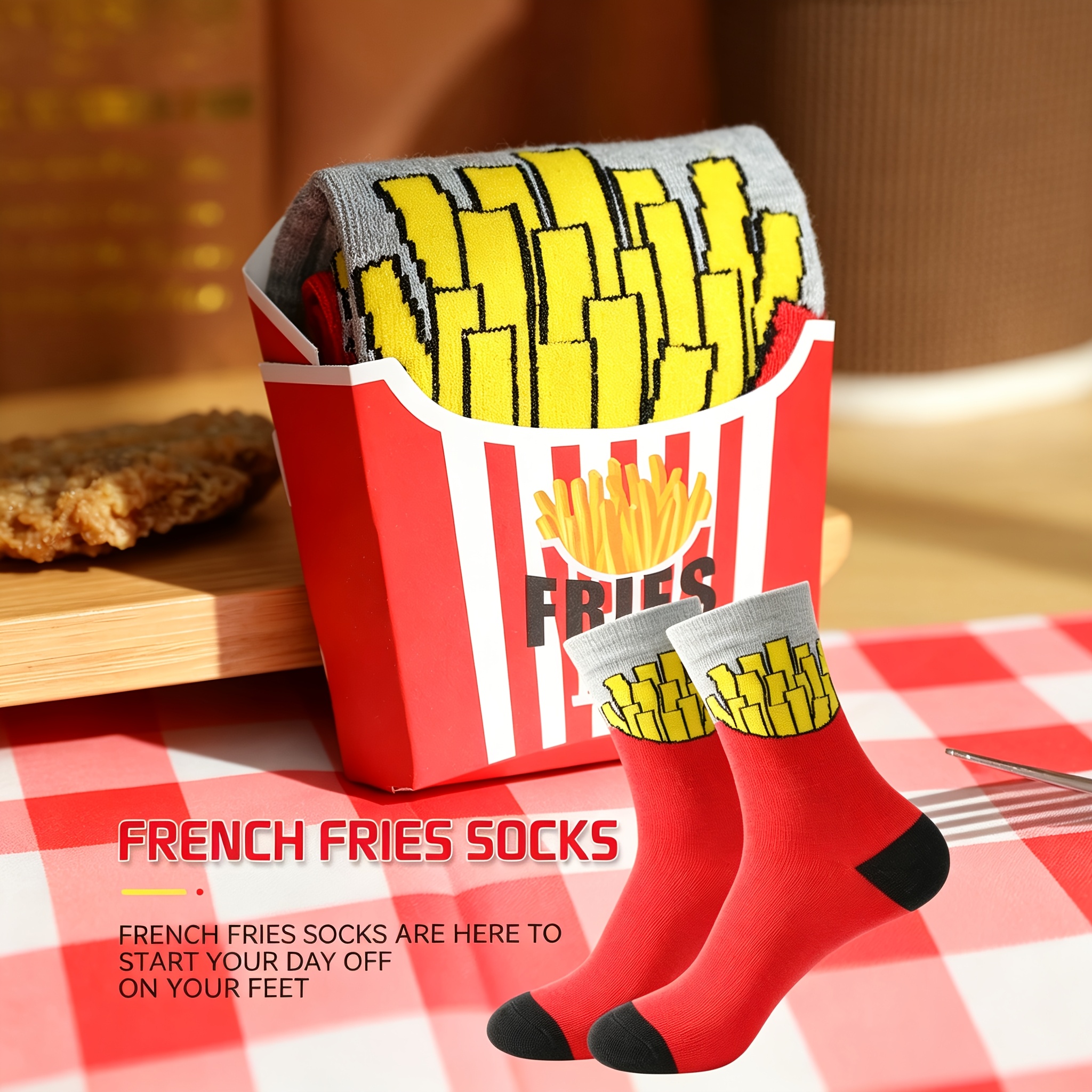 TEMU 1 Pair Novelty Fun French Fry Themed Gift Socks, Unisex Mid-calf Socks, Whimsical Food-like , Soft And Comfortable, Hand Wash , Suitable, Ideal