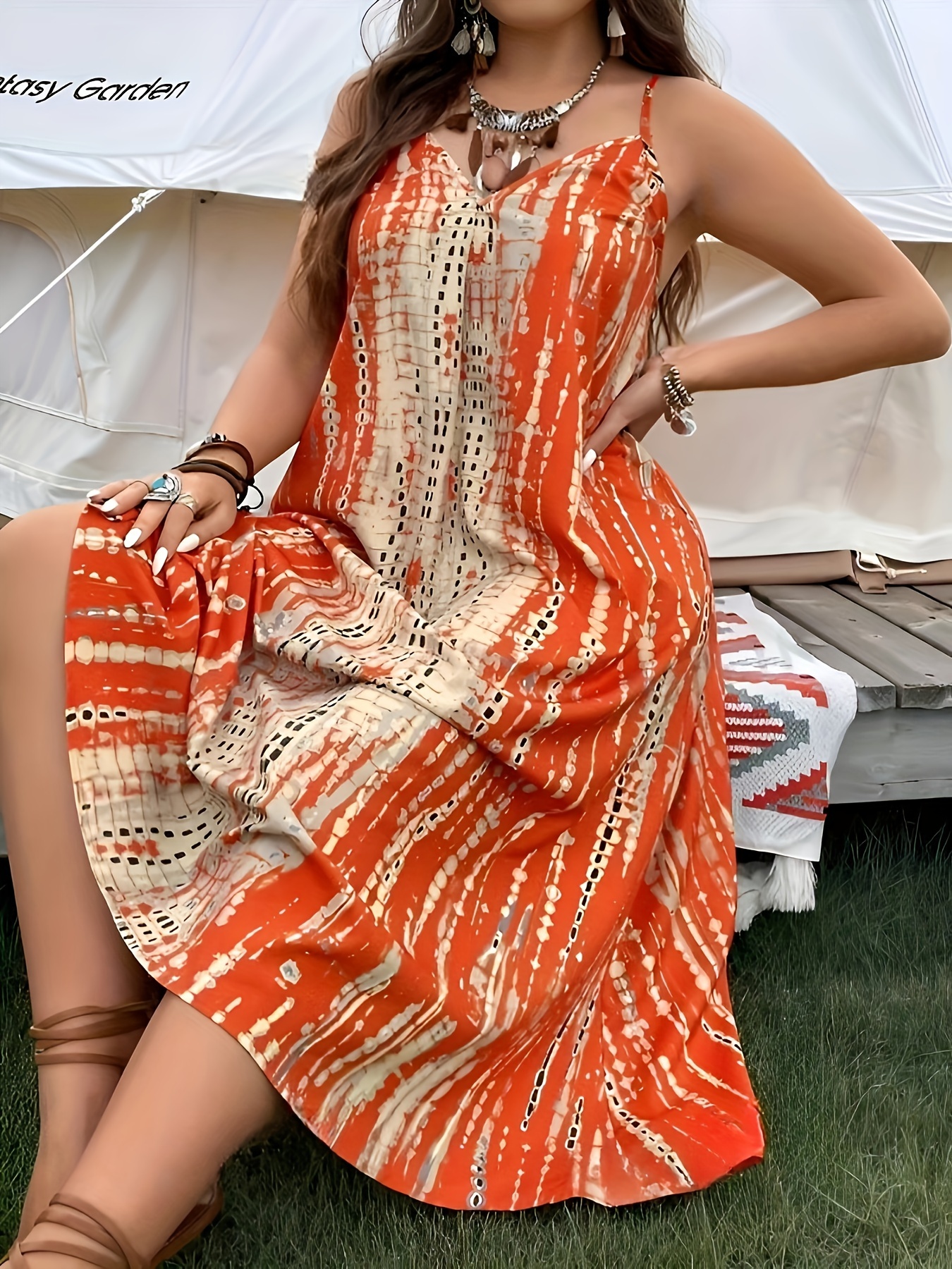 Plus Size Tie Dye Print Cami Dress Vacation V Neck