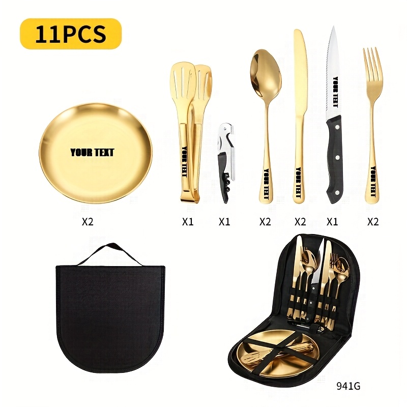 customize your text 11 20pcs golden silvery storage bag stainless steel cutlery set knife   clip bottle opener plate camping picnic barbecue outdoor cutlery camping picnic steak knife   set Product details 6