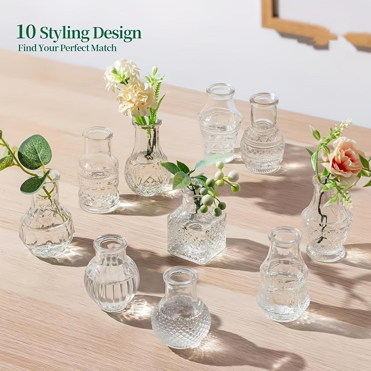 E-shop 10 Stk. transparente Mini-Vasen aus Glas, geeignet für Heim- & Hochzeitsdeko – Rundes geprägtes Vintage-Vasen-Set, moderne