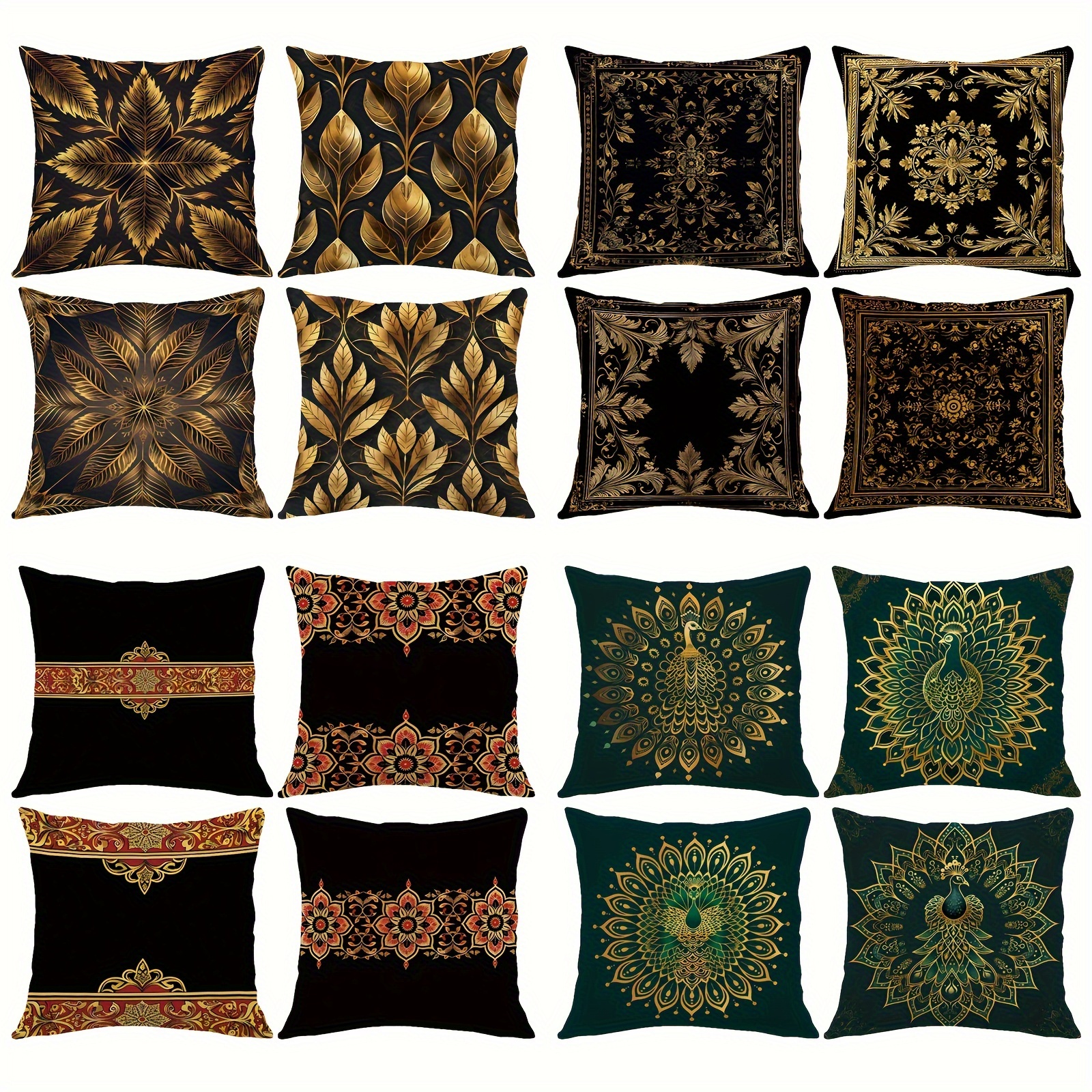 

4 housses de coussin en velours peau de pêche motif noir et or style traditionnel 45 cm, confortables housses de coussin décoratives pour salon chambre canapé