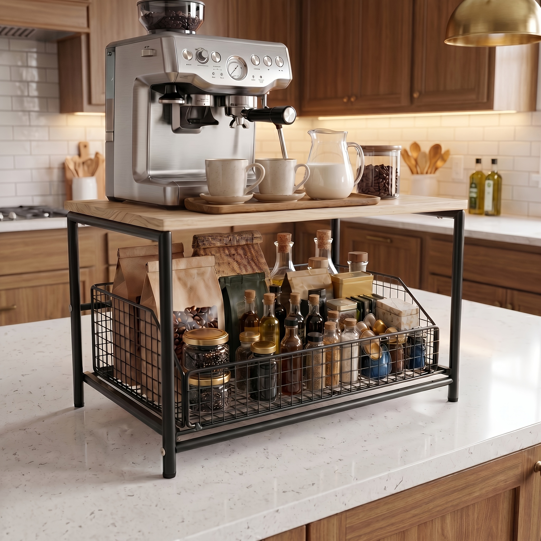 TEMU 1pc Coffee Pod Storage Drawer Holder With Metal Basket Drawer, Multifunctional Coffee Machine Stand And Microwave Stand With Storage,
