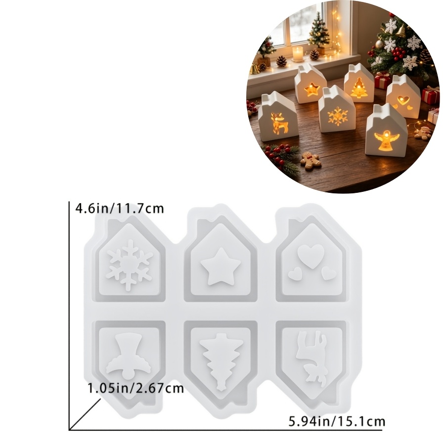 TEMU Molde de silicona de resina para bricolaje, molde de silicona para casa decorativa de portavelas con navideño, molde de yeso con goteo de