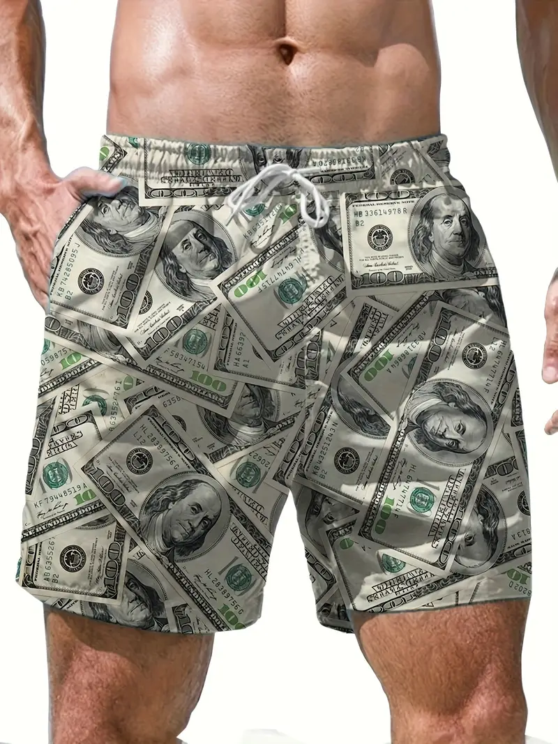 mens trendy money pattern shorts with pockets casual breathable elastic waist drawstring shorts for summer details 1