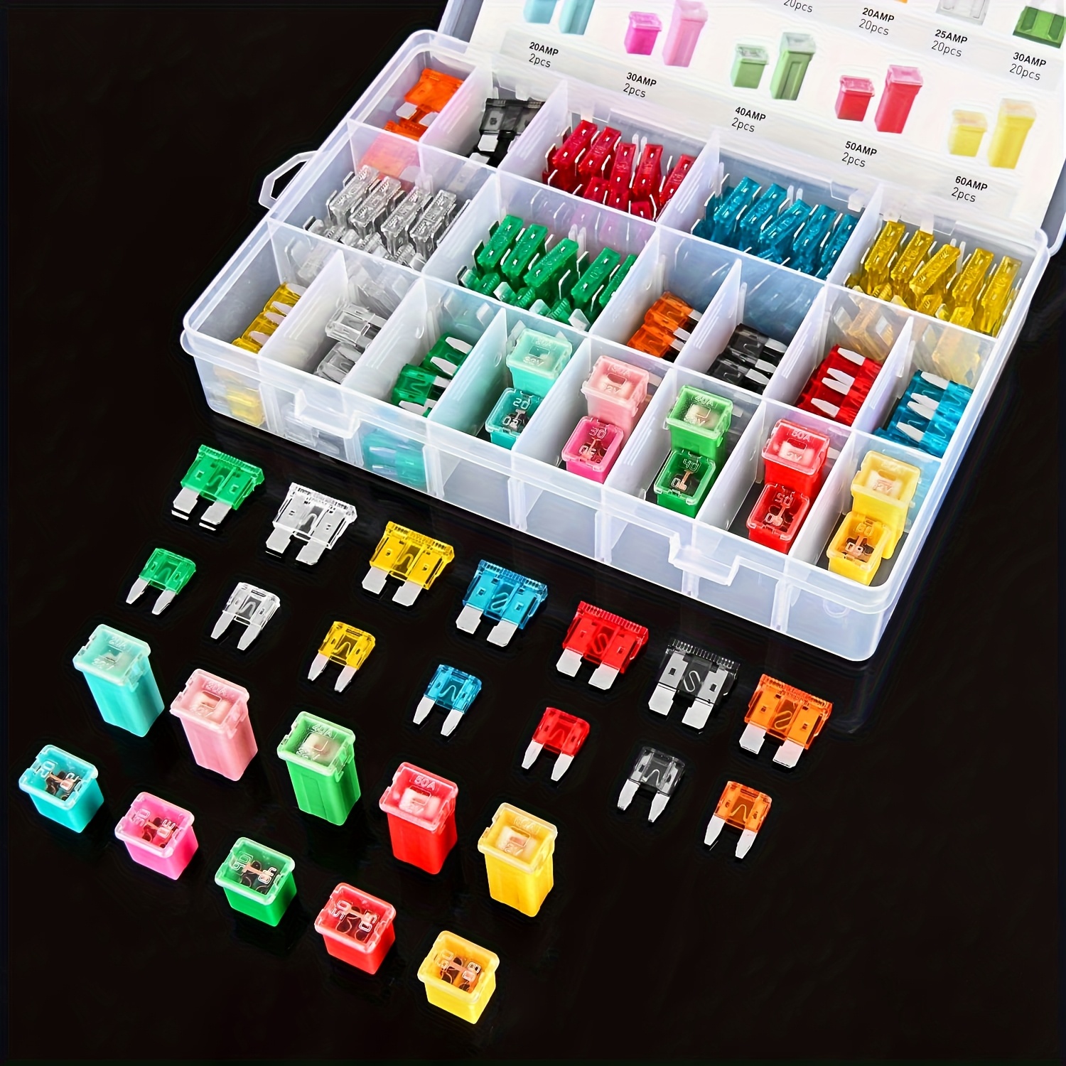 kit de   de 250 piezas de fusibles +  , fusibles de cuchilla   para coche, 5a 7.5a 10a 15a 20a 25a 30a, fusibles mini estándar de 20a 30a 40a 50a 60a, fusibles de    ,   y estándar (std) para coche y camión