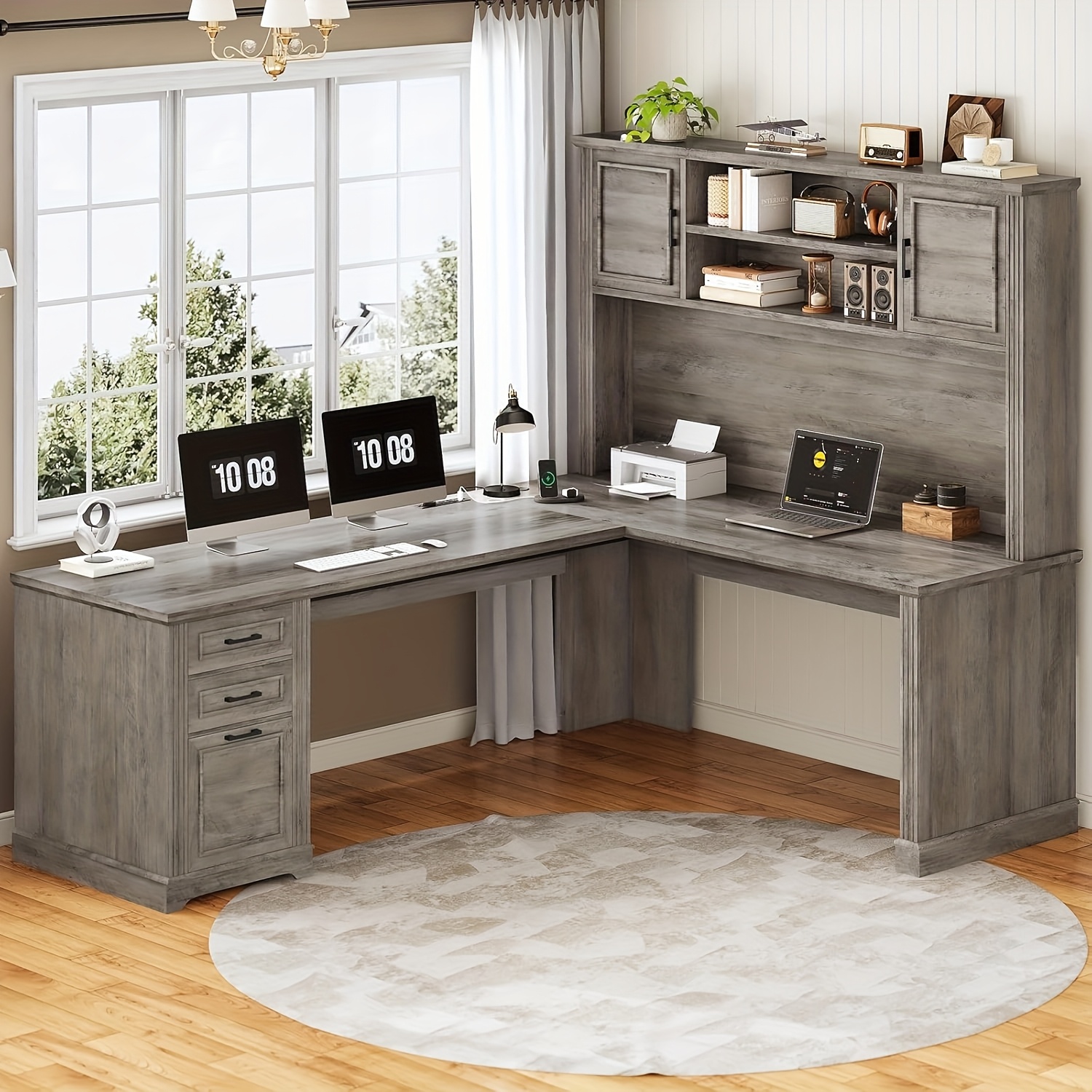 Farmhouse L-shaped Desk With Hutch, Home Office Desk With 3 Drawers Fits Letter/a4/legal, Executive Corner Computer Desk With Power Outlets, Spacious Desktop, Open Shelves And Cabinets, Grey