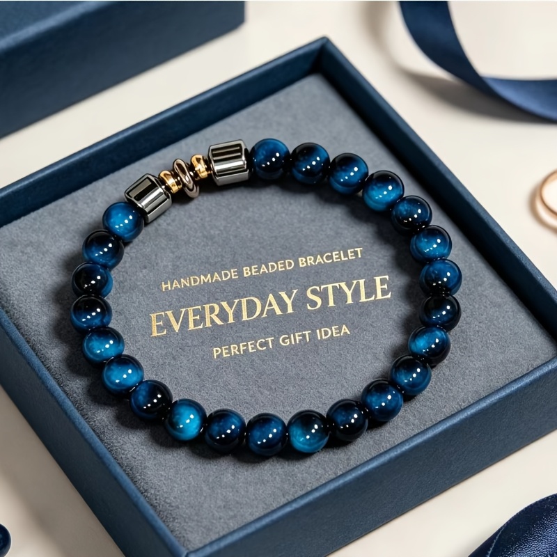 TEMU Bracciale unisex con occhio di tigre blu e ematite, con distanziatori dorati, casual per , idea regalo per le feste