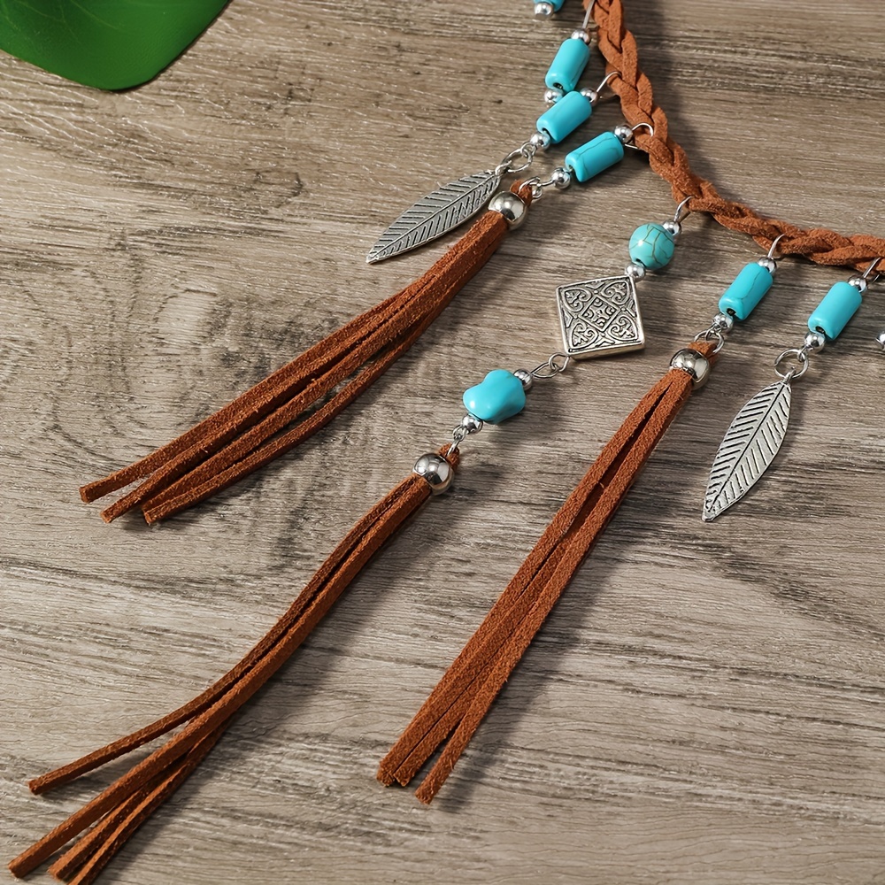 Bohemian Vintage Style PU Leather Choker Necklace with Turquoise Beads