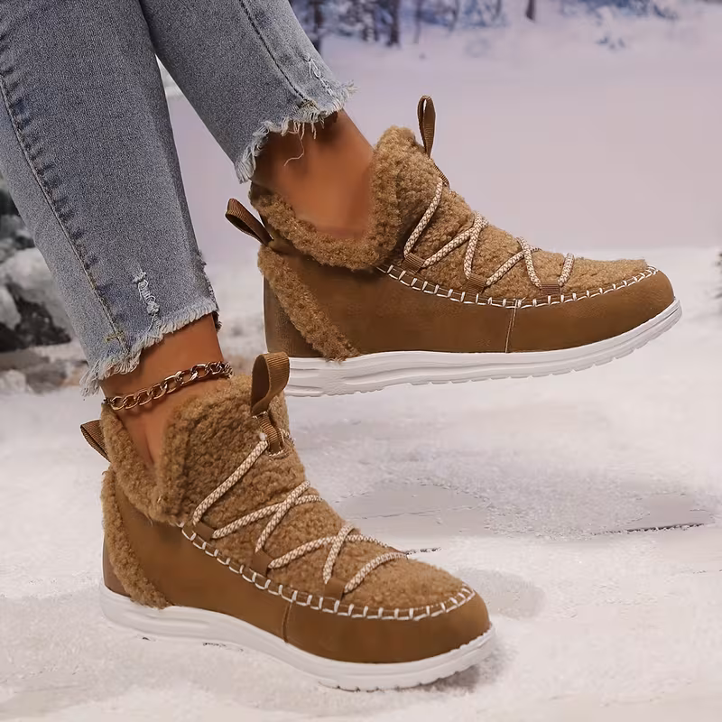 womens plush winter boots with thickened fleece lining slip on round toe flat sole brown cover upper eva sole cushioned insole Product details 6