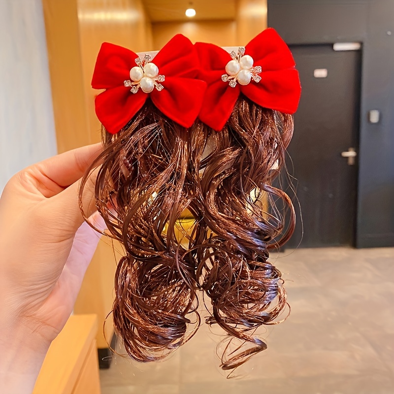 1 Pair Of Headdress Plush Ball Curly Hair Hairpin Bow Hairpin Side Clip Christmas Celebration Festival Daily Shopping Gift