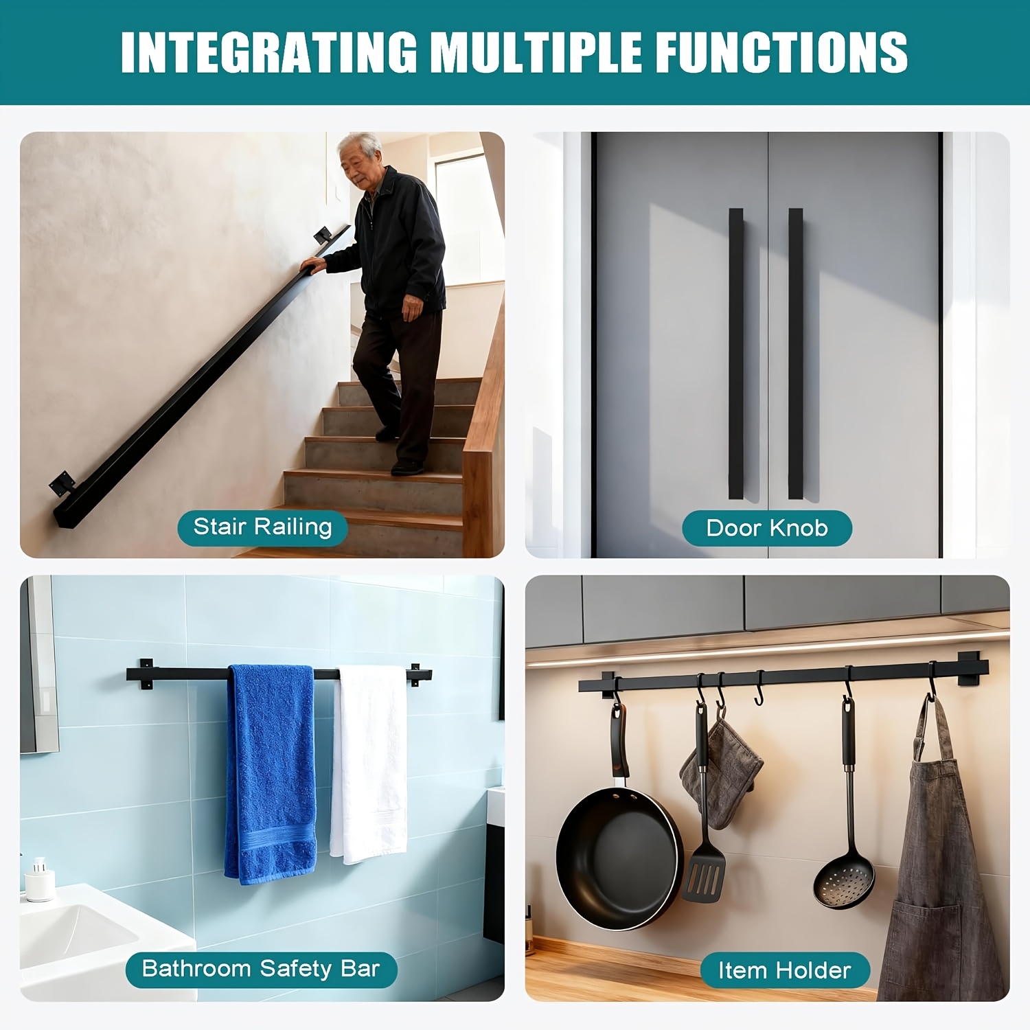 Laiptų turėklas 60 cm, prie sienos montuojamas laiptų turėklas, metalinis prie sienos montuojamas laiptų turėklas, skirtas naudoti lauke ir viduje, juodas prie sienos montuojamas laiptų turėklas, turėklas laiptams ir balkonams