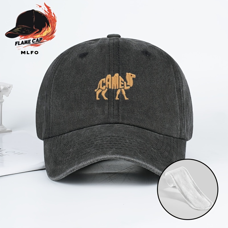 TEMU 2pcs (Casquette et Bande de Succion) Casquette de Baseball Brodée Motif Camélidé Délavée, Chapeau de Vintage Ajustable. Léger, Confortable et
