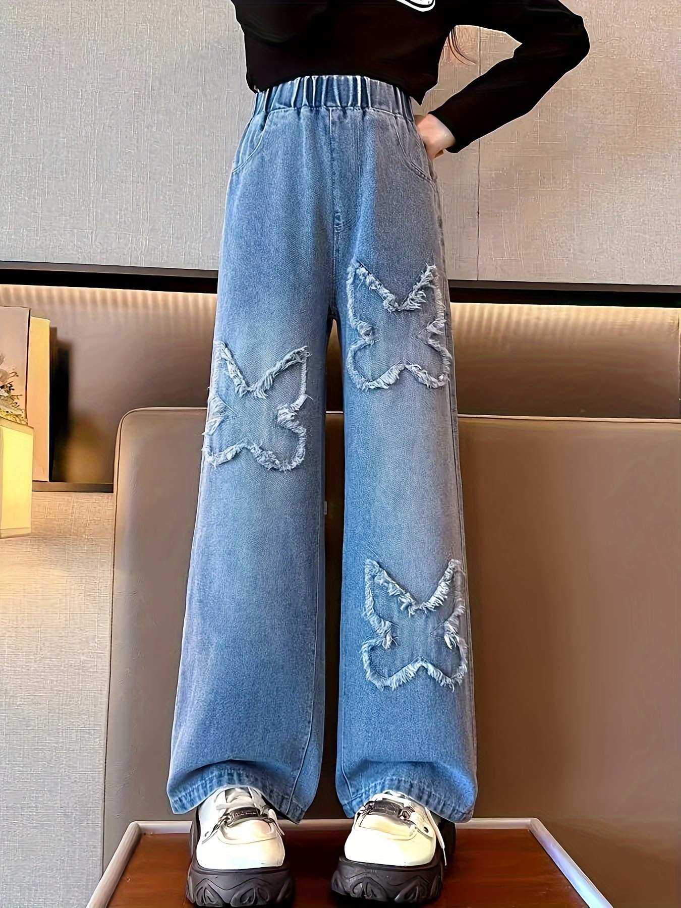 High Straight Legs Loose Baggy Jeans Ripped Knees Cut - Temu Denmark