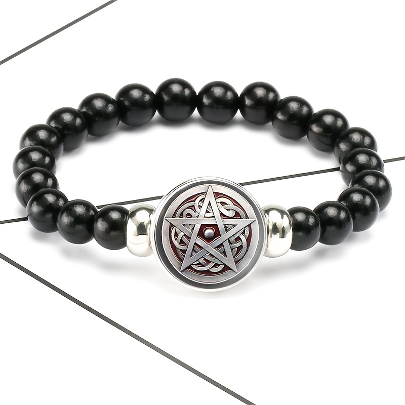 E-shop 1 Stück Verpackung, Herren-Armband im klassischen Stil aus schwarzen Kunststoffperlen -ketten, mit einem mysteriösen, verwobenen fünfzackigen