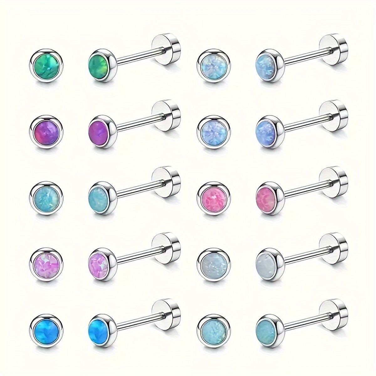 

10-pair Set Stainless Steel Round Opal Stud Earrings, Fashionable , Synthetic Gemstone , 316l Hypoallergenic Ear Needle, Holiday Gifting