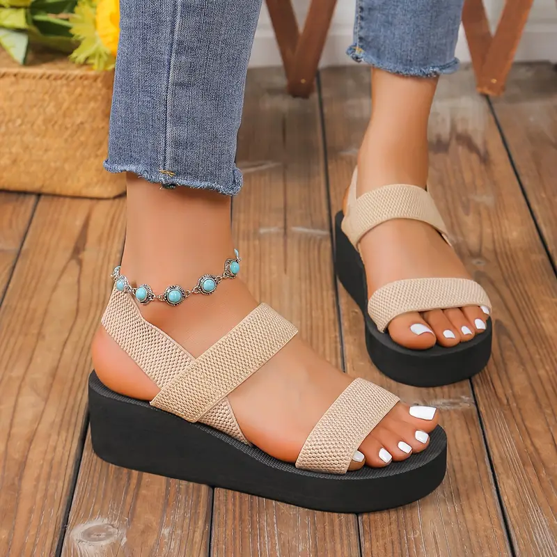 womens solid color casual sandals platform slip on elastic vacation shoes beach sandals Product details 6