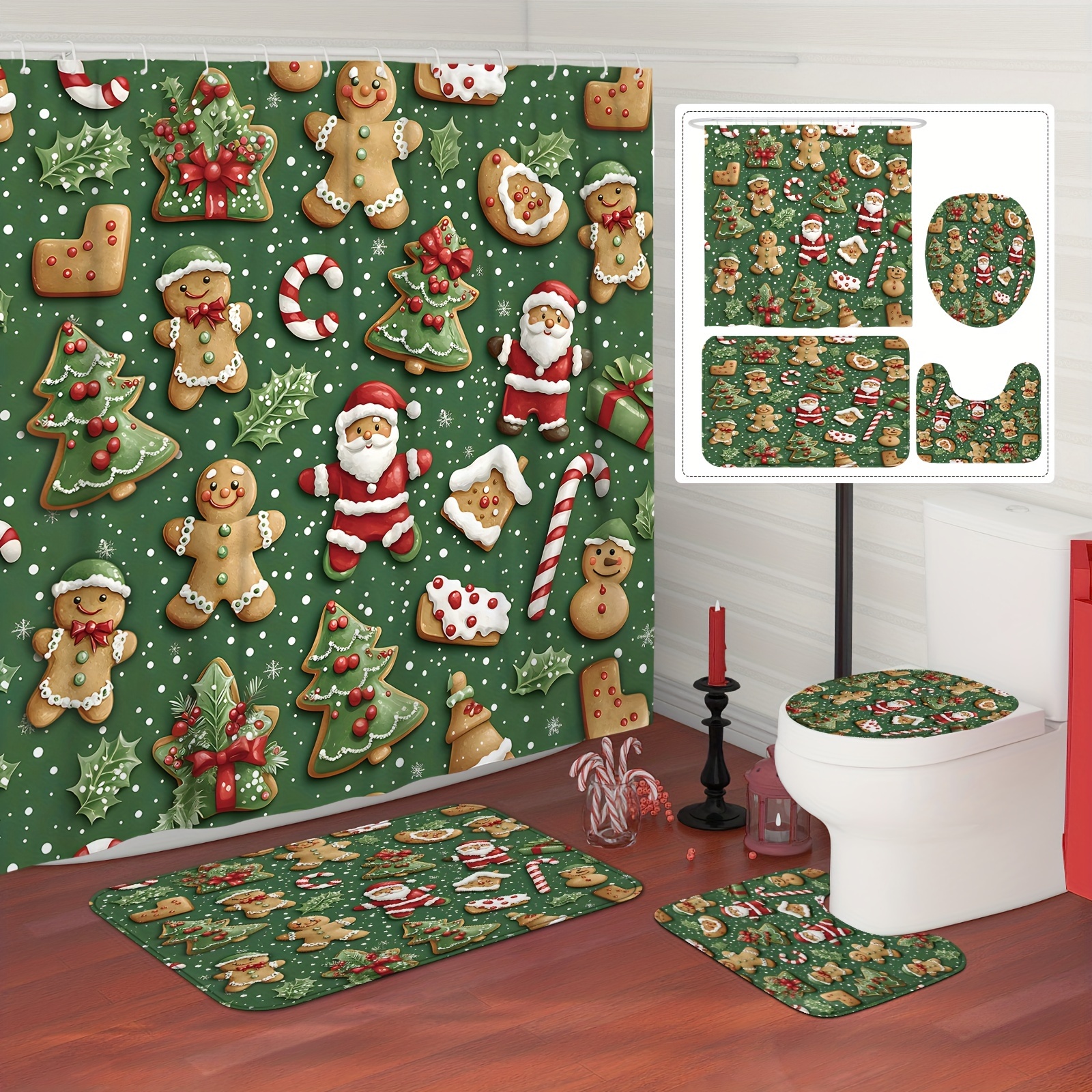 

Christmas Shower Curtain Set: Gingerbread, Santa, And Tree Patterns - Includes Curtain, Rugs, And Toilet Cover - Machine Washable - Decor