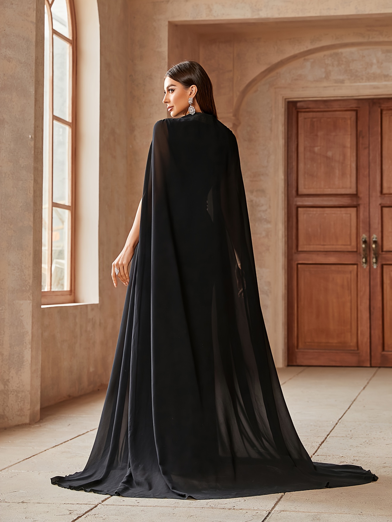 Cape Sleeve Dress Elegant Mock Neck Floor Length Temu Canada