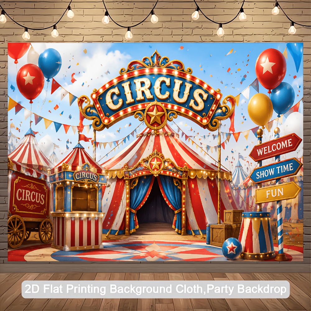 TEMU 1pc Circus-themed Party Backdrop With Circus Tent, Balloons & Pennant Flags - Vibrant Decor Suitable For Indoor/outdoor, Wedding, Photo