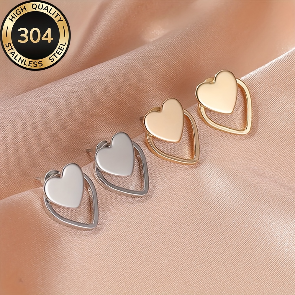 Women's Golden Hypoallergenic Heart Stud Earrings, Elegant Fashion