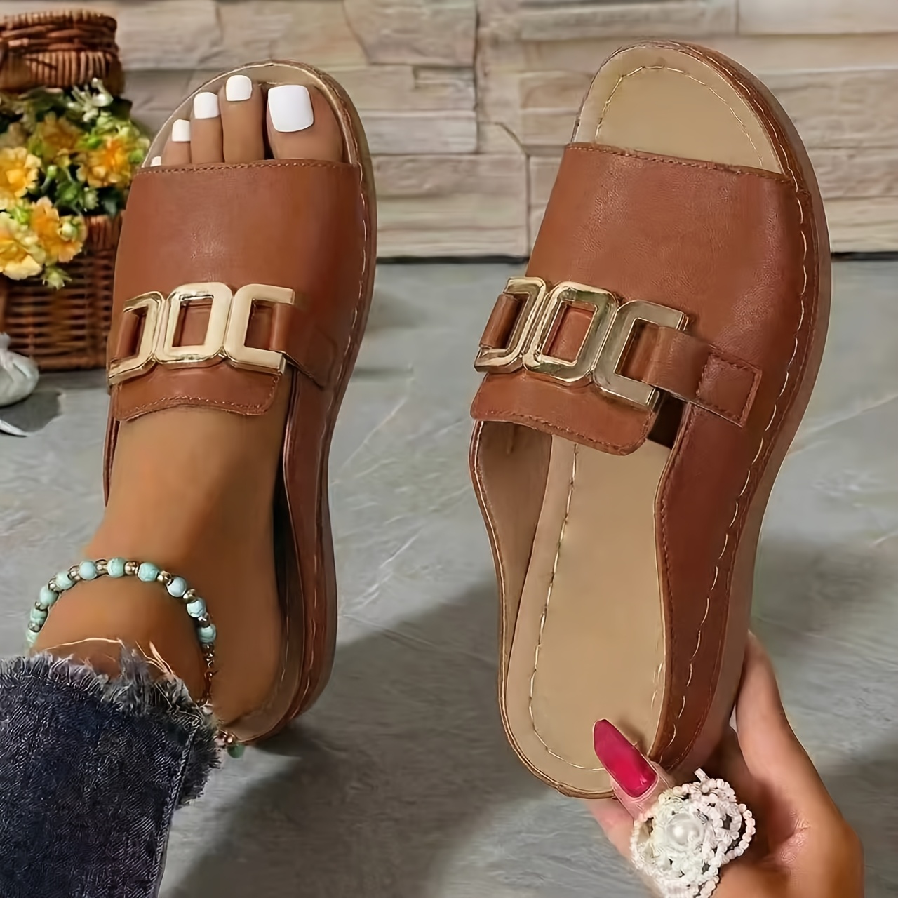 TEMU Women's Stylish Casual Travel Shoes, Multi-functional Bohemian Ethnic Style, Double Design, Heart-shaped Pattern, Comfortable Beach Sandals