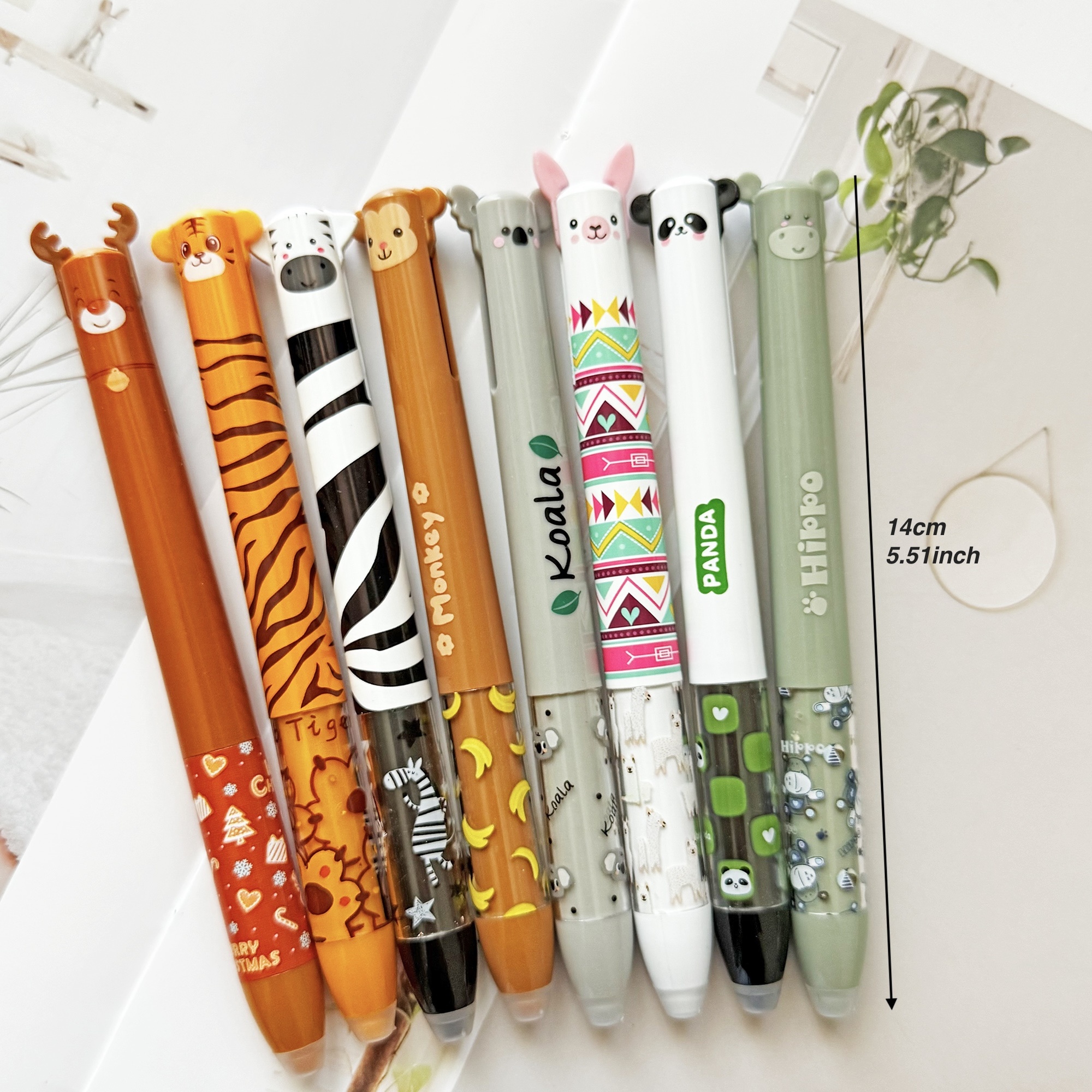 set of 8 adorable gel pens featuring a zoo theme each with dual colors of blue and red ink   clear double retractable pens come with an eraser providing a smooth writing experience ideal for journaling and office or school use Product details 4