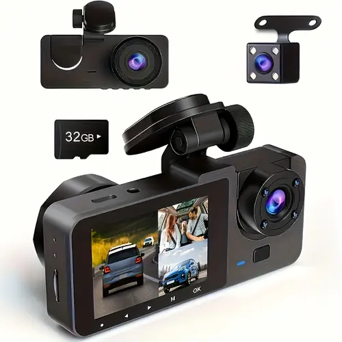 180 3 camera 1080p fhd dash cam with front and rear 2 14 ips 32 gb memory card included black car dvr recorder dash camera for cars