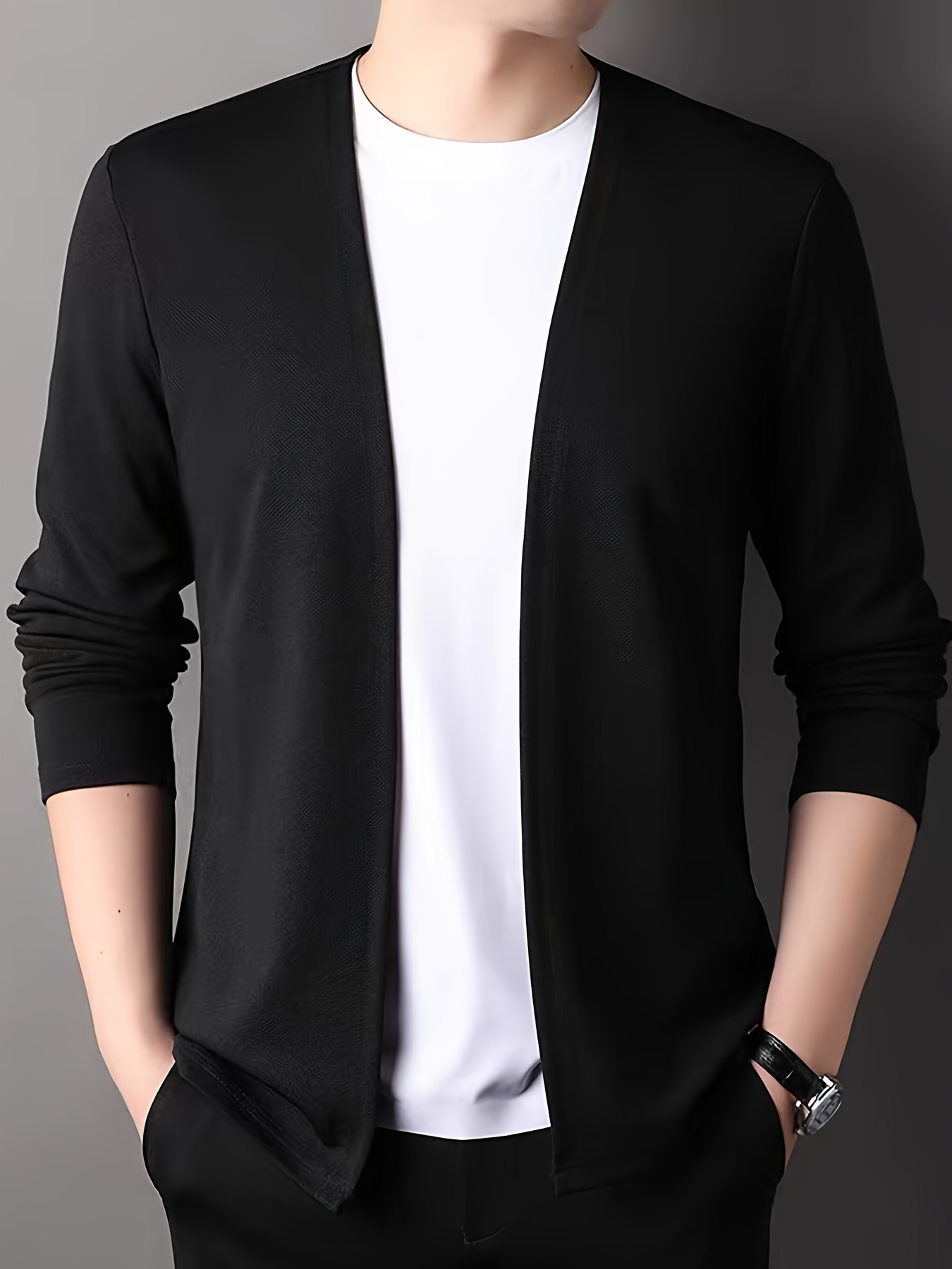 New Black Spring And Autumn Thin Jacket Casual Long-Sleeved Slim Trendy Men'S Fashion Solid Color Slim Autumn Cardigan Men'S Clothing