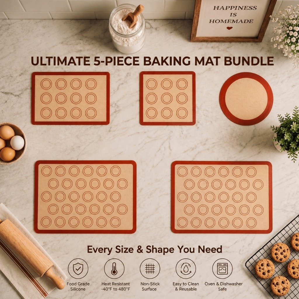 TEMU 5pcs Silicone Baking Mat Set, Macaron Silicone Mat, Easy Clean And Food Grade Reusable Baking Mat, Silicon Baking Mats Oven Liner Sheet, Round