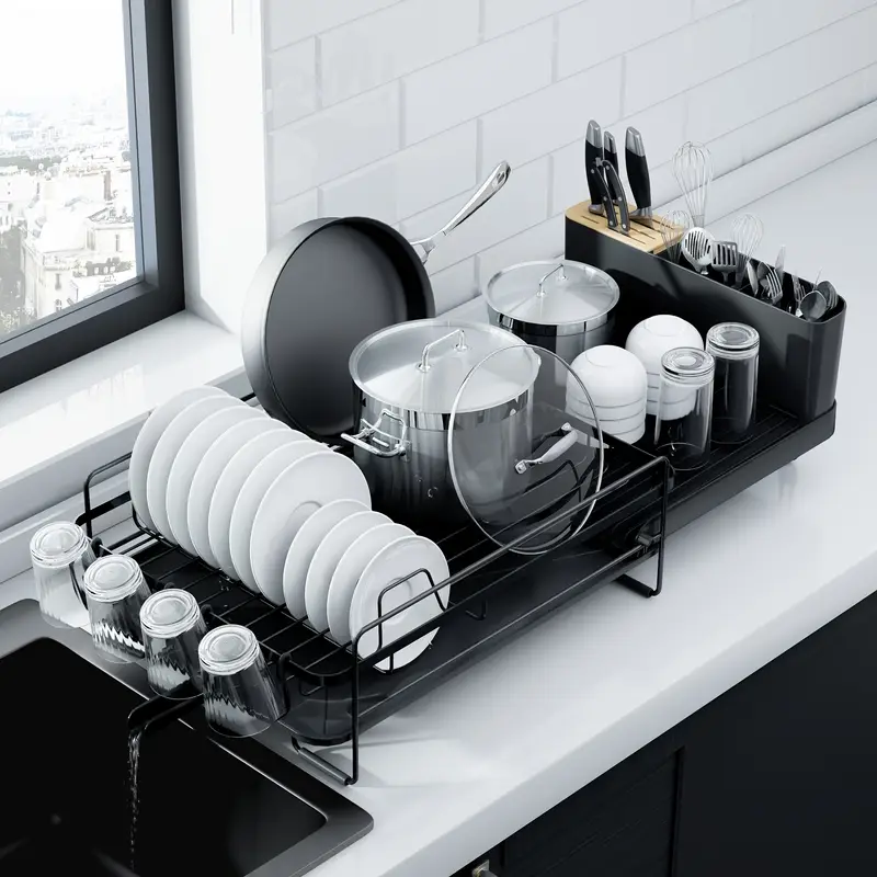 adjustable extendable shelves dish drying rack 19 2 26 7 stainless steel fingerprint anti slip silicone caps cutlery cup shelves countertop for kitchenware organization Product details 0