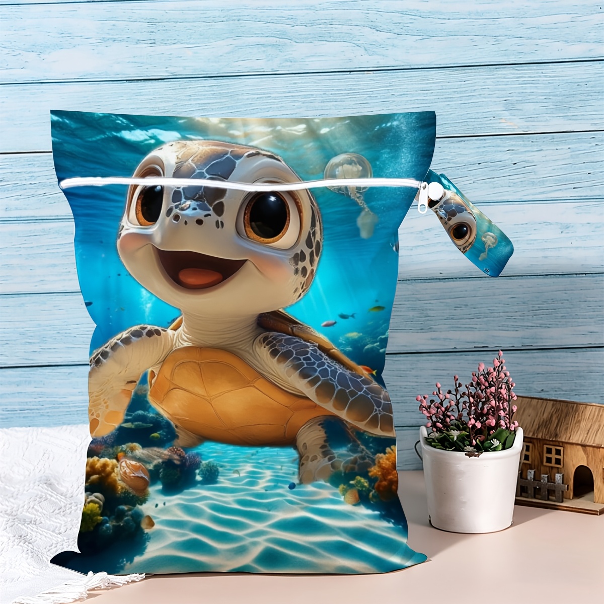 Image of Cartoon Turtle Coral Print Wet Dry Bag, Swimming Gear Equipment Bag, Cute Underwater Pool Organizer