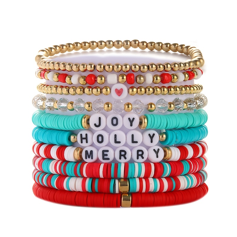 TEMU Elegant And Stylish Classic Merry Letter Heart Charm Soft Clay Flat Bead Stretch Bracelet Set, Bracelet Accessory Suitable For Men And Women To