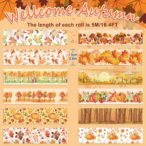 12 rolls fall watercolor washi tape autumn themed masking tape suitable for scrapbooking journaling diy crafts with pumpkin mushroom patterns washi paper for gift wrapping gift decorations 0 6inch